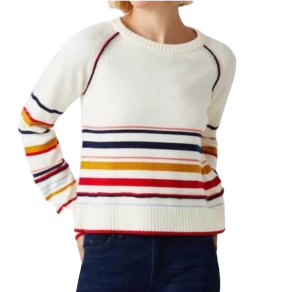 Ecru Striped Crewneck Cropped Ivory Red Striped Sweater - M
